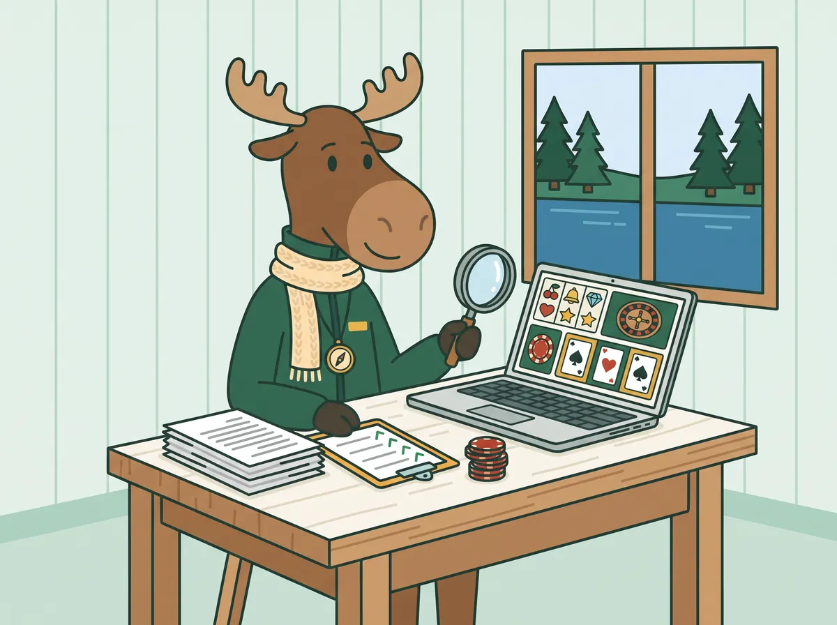Älgot granskar en kasinolobby på en laptop med förstoringsglas, bredvid utskrivna villkor och en checklista